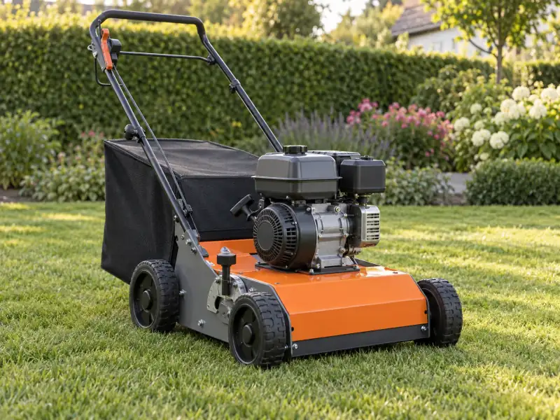Scarificateur thermique orange avec son bac de ramassage, sur une pelouse (photo d’illustration)