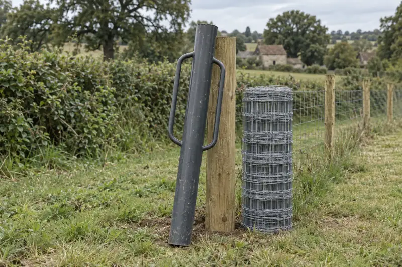 Enfonce-pieux manuel posé contre un piquet de clôture (photo d’illustration)