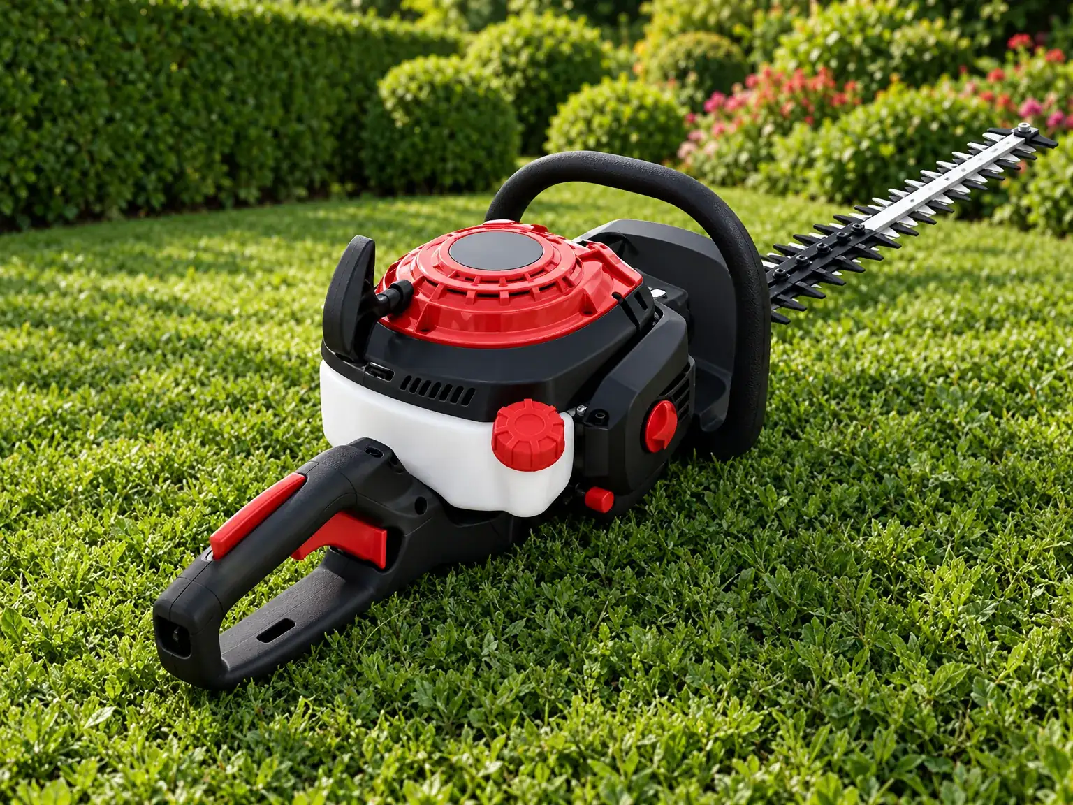 Taille-haie thermique rouge et noir posé sur une pelouse devant une haie (photo d’illustration)